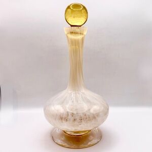 VTG Murano Filigrana Art Glass Decanter 9.5" White Latticino Swirl Amber Stopper